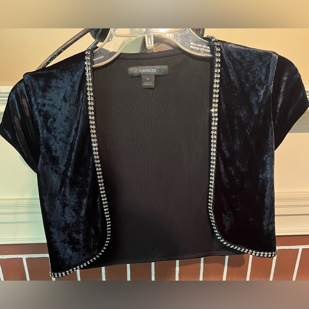 Express velvet-like black top. Outlined in rhinestones / jewels. Sexy. Classy.